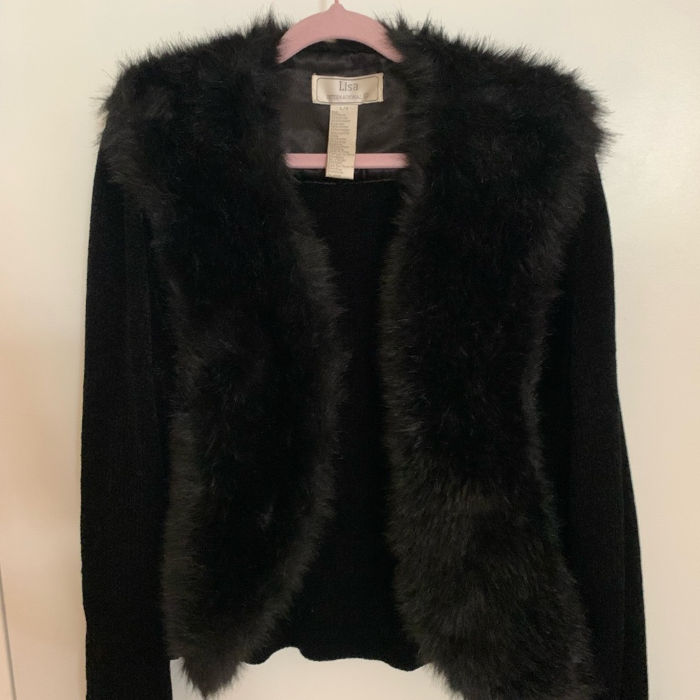 Lisa International Black Faux Fur Cardigan